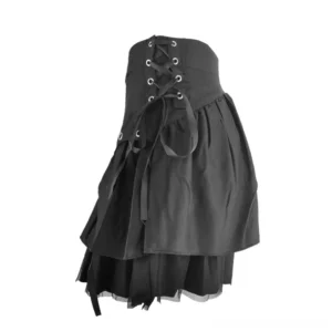 Back view of corset style steampunk mini skirt with lace-up waist design and eyelet details