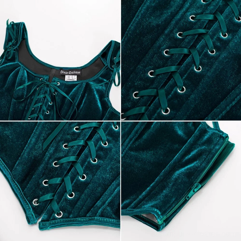 Close-up detail of teal velvet steampunk corset neckline showing ruffled edge, square cut, and brand label tag - top-down view