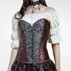 Steampunk corset with off-shoulder ruffled blouse and Gothic cross choker, lace-front corset panel detail, alternative fashion styling