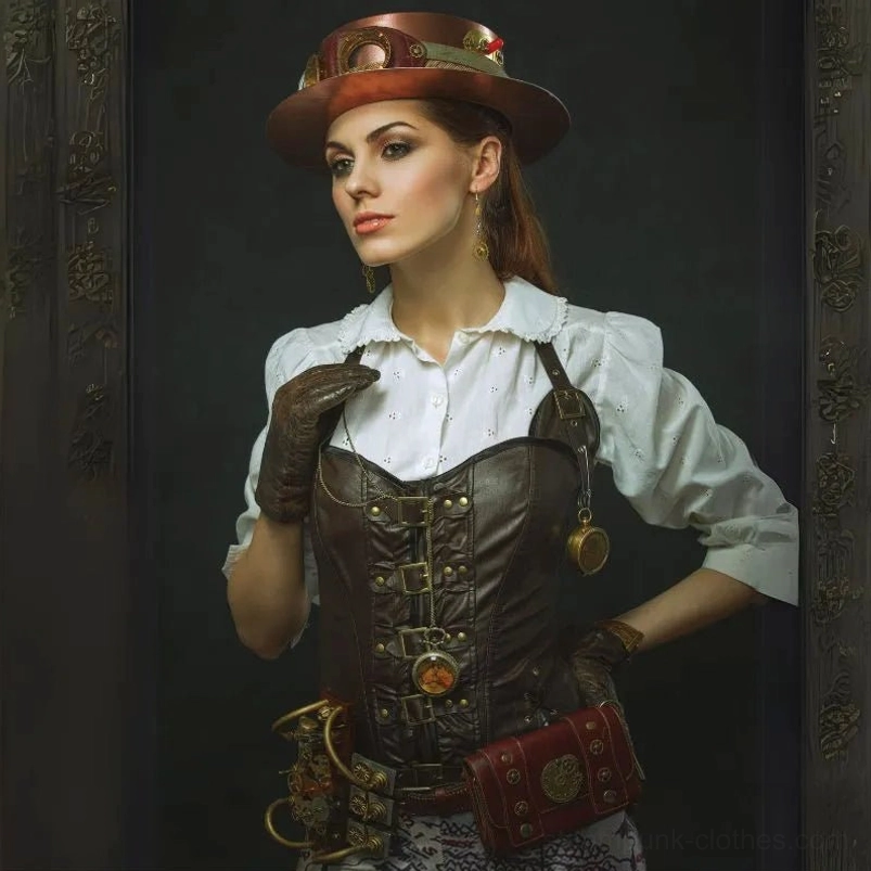 Complete Steampunk Outfit - Leather Corset with Brass Gears and Victorian Accessories