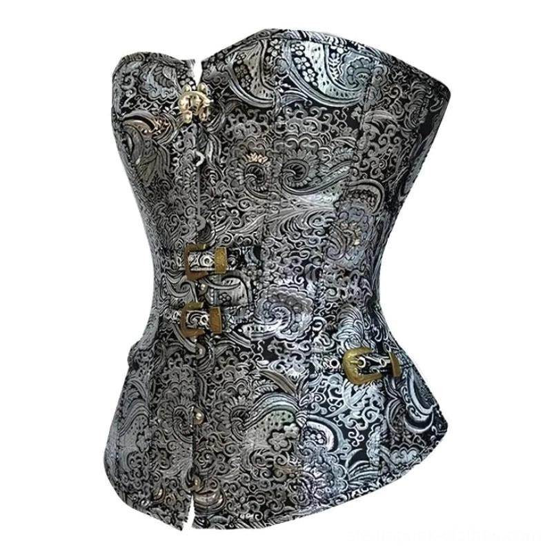 Steampunk silver corset with metallic paisley brocade and decorative metal clasps - angled front perspective