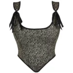 Steampunk paisley corset bustier front flat display with black ribbon adjustable shoulder straps and pointed curved hem