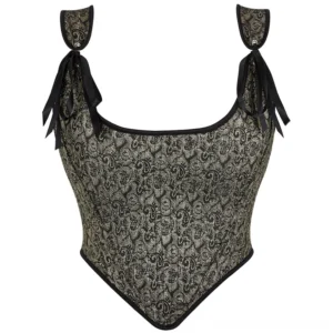 Steampunk paisley corset bustier front flat display with black ribbon adjustable shoulder straps and pointed curved hem