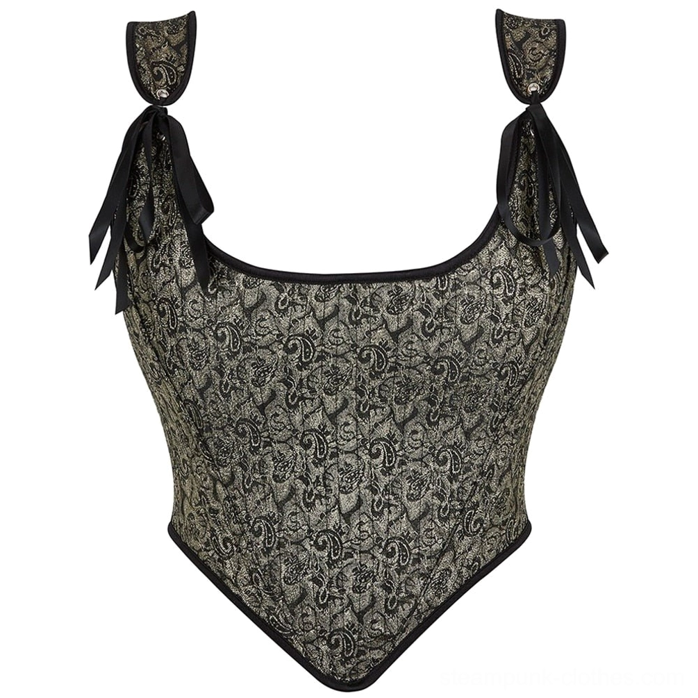 Steampunk paisley corset bustier front flat display with black ribbon adjustable shoulder straps and pointed curved hem