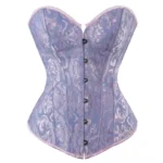 Purple damask jacquard steampunk corset with pink edge trim and metal button closure - front flat view