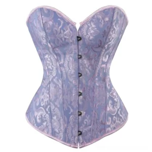 Purple damask jacquard steampunk corset with pink edge trim and metal button closure - front flat view