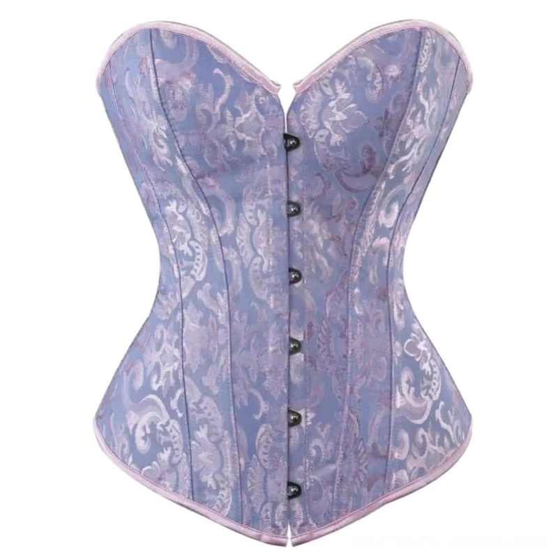 Purple damask jacquard steampunk corset with pink edge trim and metal button closure - front flat view