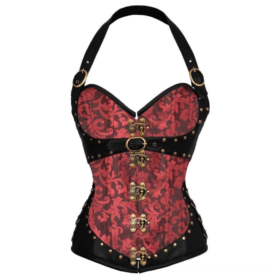 Red steampunk jacquard corset flat front shot, black leather trim and bronze hardware on white background