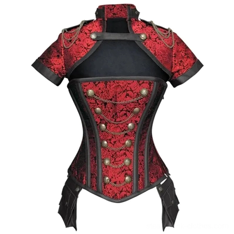 Full front view red steampunk corset with black leather trim and removable side pockets