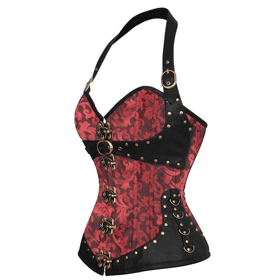 Red steampunk corset side view with lace-up back details, black and red color scheme, side seam focus