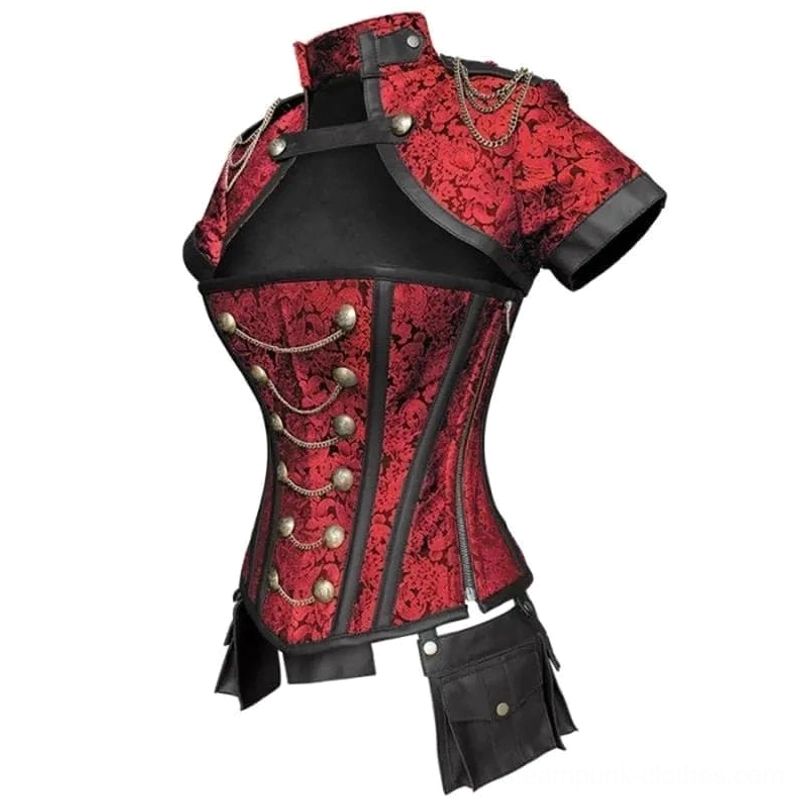 Three-quarter front view red steampunk corset showing stand collar and black leather accents