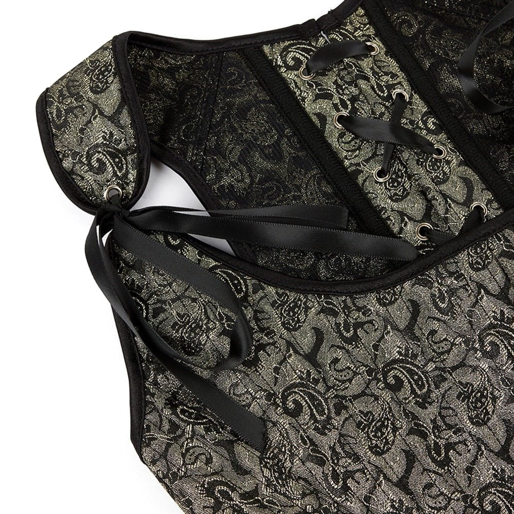 Steampunk corset bustier shoulder and neckline detail with adjustable black ribbon ties and paisley jacquard fabric