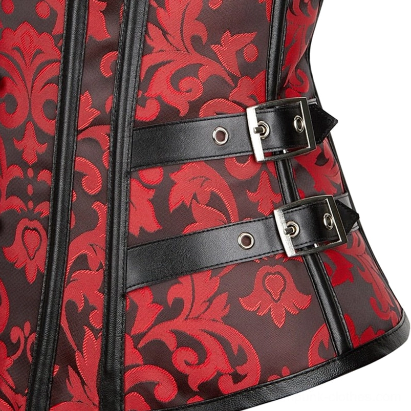 Steampunk corset side strap detail showing double black leather buckles with silver metal hardware