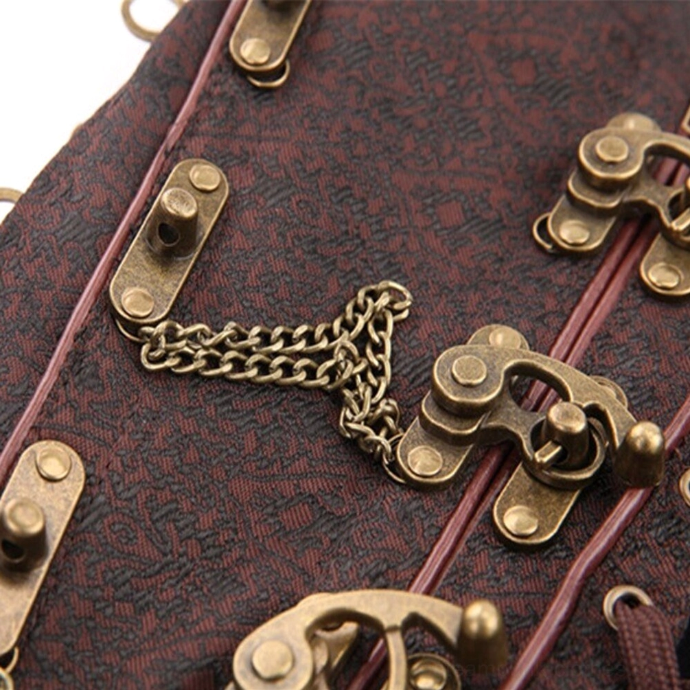 Close-up of steampunk corset side hardware showing antique bronze fasteners and linked metal chain accents