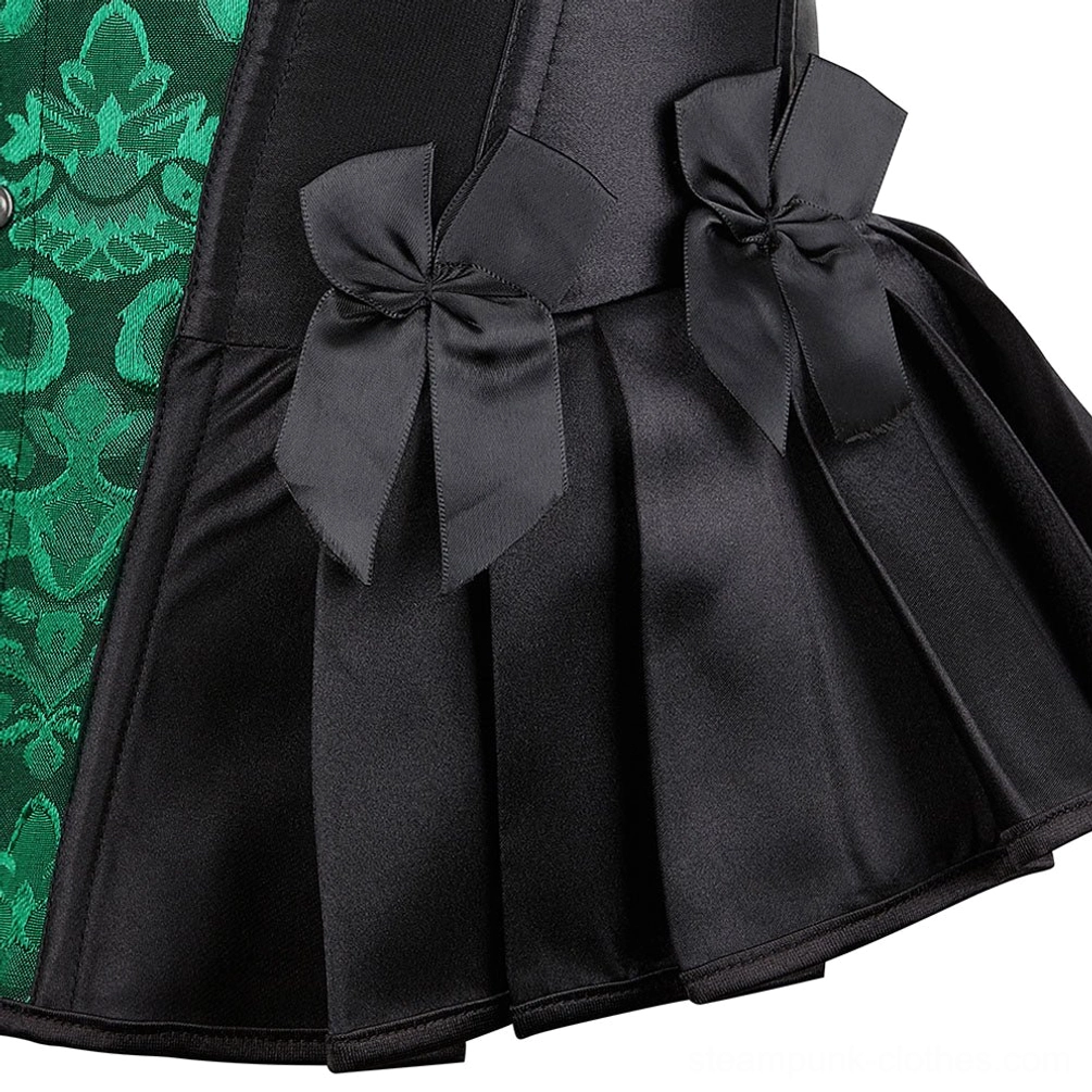 Side detail of steampunk corset showing black satin fabric texture, pleated skirt hem with layered construction, and decorative satin bow accents