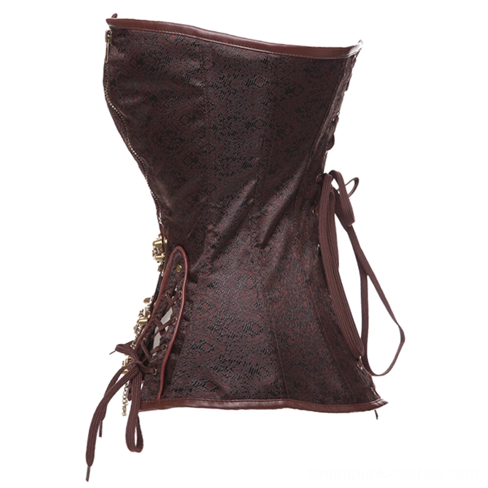 Steampunk corset side view displaying side lace-up ties and leather hem trim details