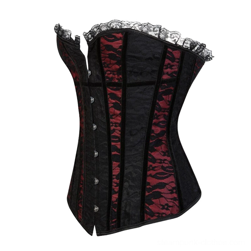 Side-front view of strapless steampunk corset on white background, showing curved corset silhouette, front hook fasteners, and refined lace trim detail