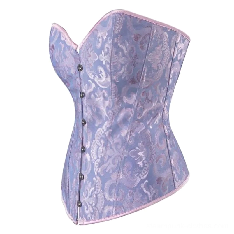 Strapless steampunk corset side profile showing boned structure and pink trim detailing
