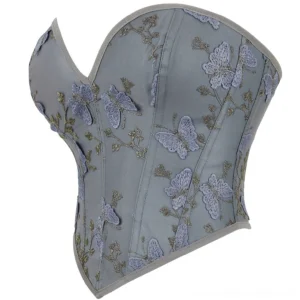 Side profile of butterfly embroidered steampunk corset displaying structured boning, curved underbust hem, and intricate embroidery pattern on side panels