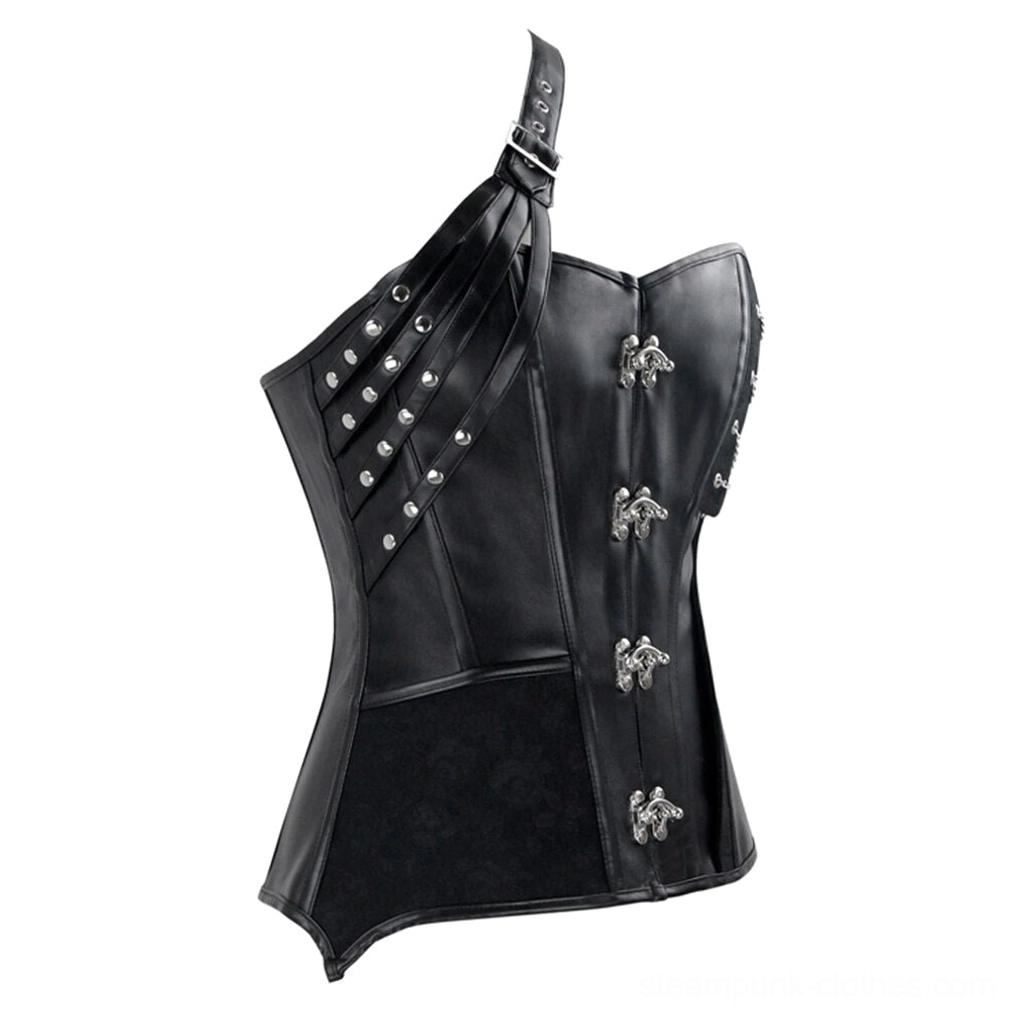 One-shoulder steampunk corset side angle view displaying lace-up side panel, studded multi-layer strap, and structural construction