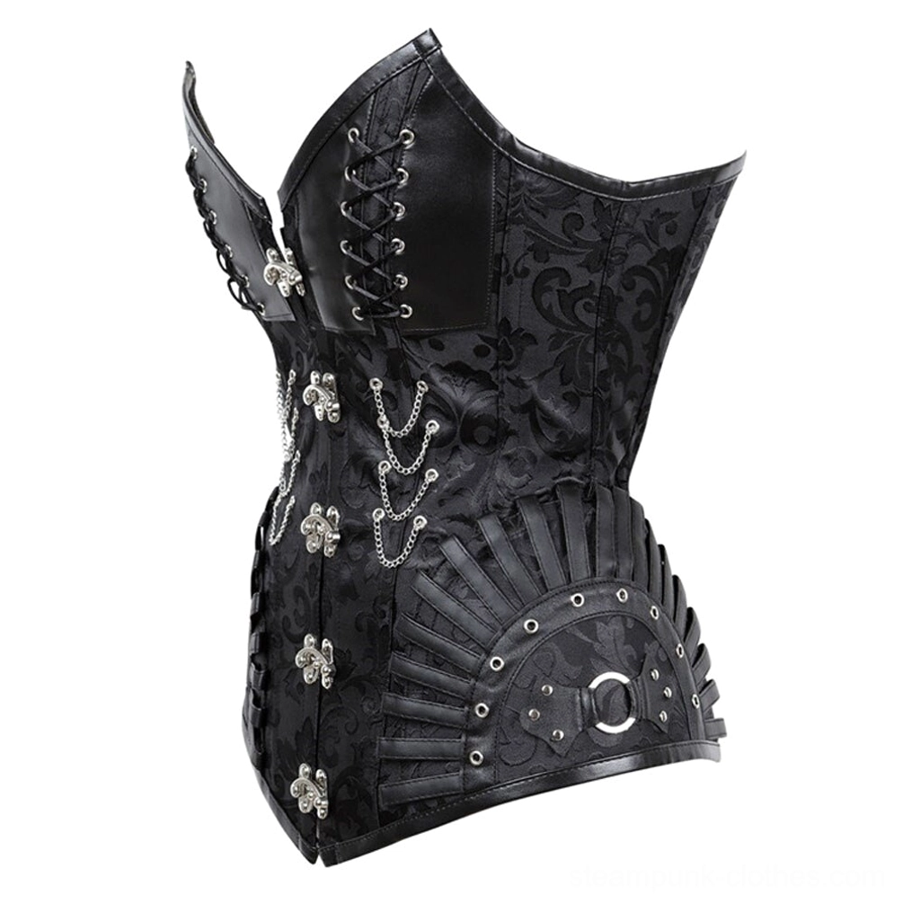 Steampunk corset left side view displaying fan-shaped leather trim panels, metal D-rings, silver hardware eyelets, and jacquard fabric construction on white background