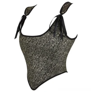 Steampunk corset bustier three-quarter side view with asymmetrical curved neckline and intricate jacquard patterning