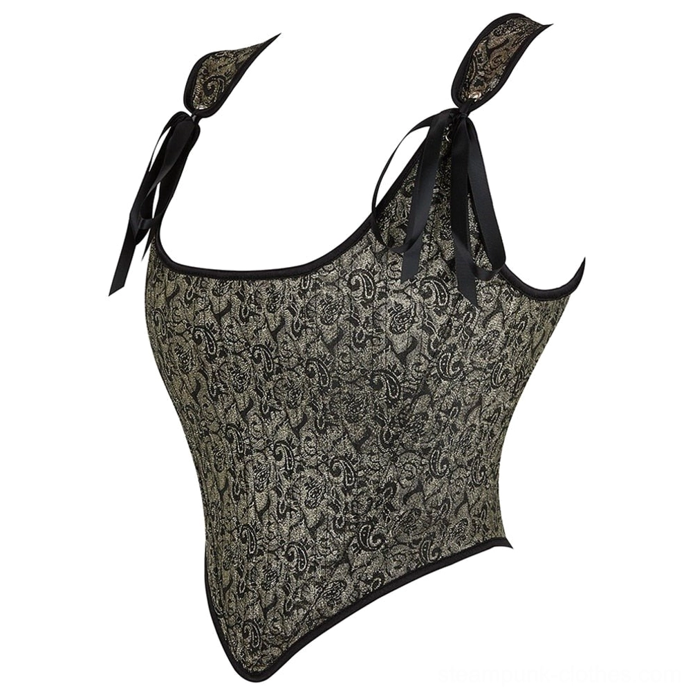 Steampunk corset bustier three-quarter side view with asymmetrical curved neckline and intricate jacquard patterning