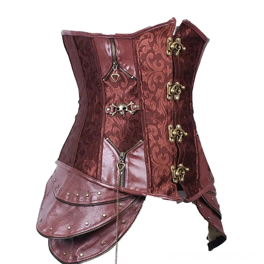 Oblique angle view of brown jacquard steampunk corset with skull-shaped bronze buckles and zipper accents
