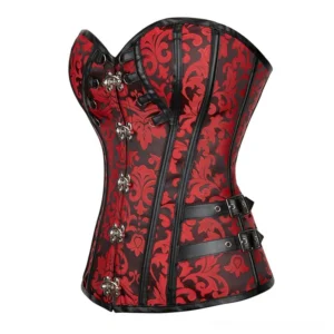 Steampunk corset three-quarter side view showing sweetheart neckline and black leather buckle strap details