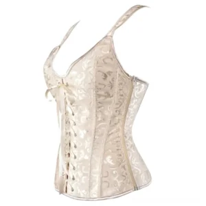 Side profile of cream steampunk corset showing side zipper closure and satin-trimmed edges