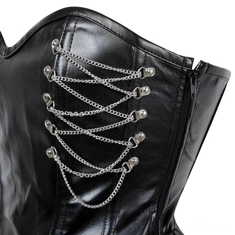Close-up detail of steampunk corset showing silver chain hardware, side zipper mechanism, and black faux leather texture