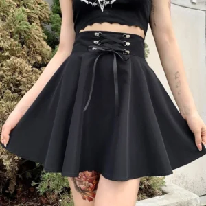Gothic steampunk black mini skirt with corset waist and flared A-line shape