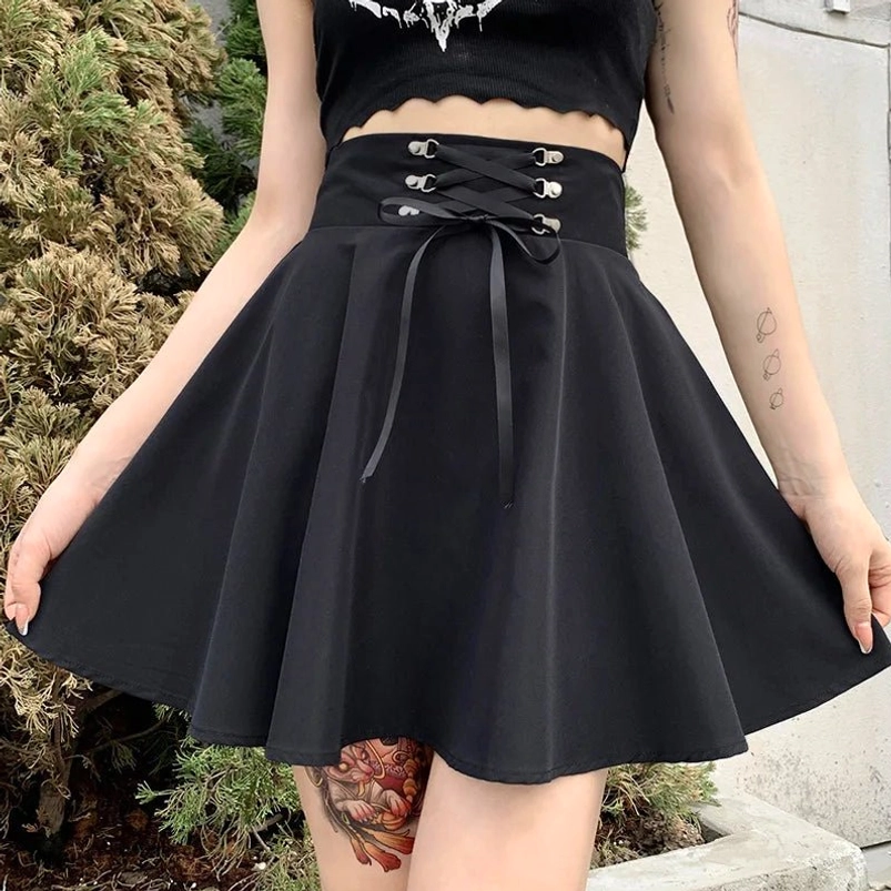 Gothic steampunk black mini skirt with corset waist and flared A-line shape