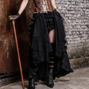 Brown leather steampunk corset paired with black high-low overlay skirt, complete styling with walking cane and industrial brick setting