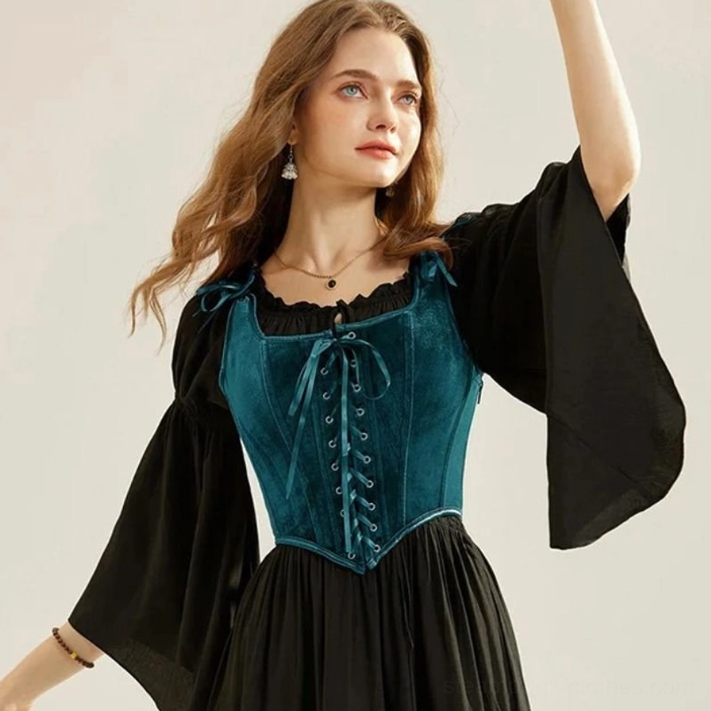 Teal velvet steampunk corset paired with black bell-sleeve dress on female model, showcasing full styling potential and silhouette enhancement - front medium shot