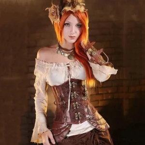 Red-haired woman wearing brown steampunk corset over vintage blouse with gears accessories and brick wall backdrop