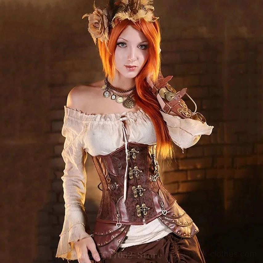 Red-haired woman wearing brown steampunk corset over vintage blouse with gears accessories and brick wall backdrop