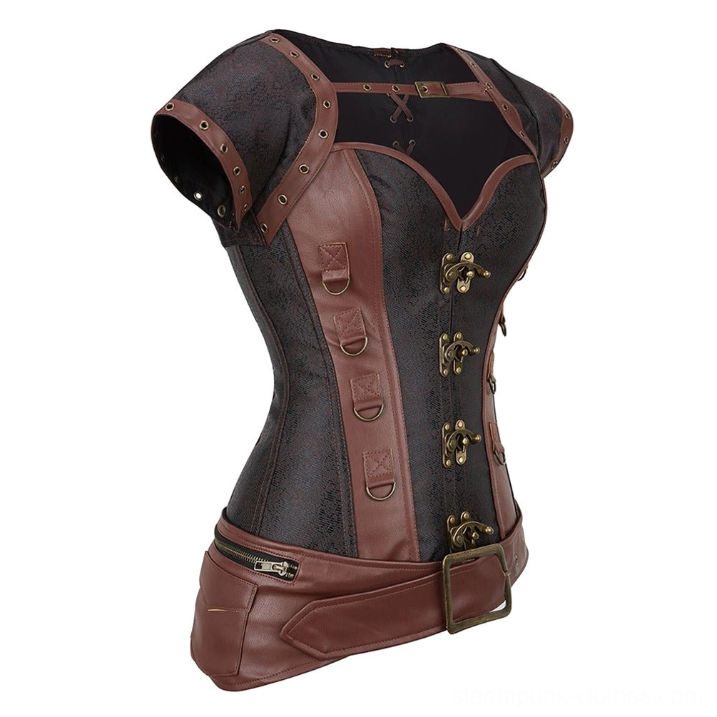 Left front three-quarter view of steampunk corset with side waist zipper and gold metal hardware