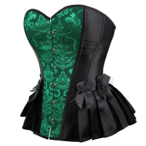 Steampunk corset three-quarter front angle showing green damask pattern, black satin construction, and structured silhouette with decorative bows