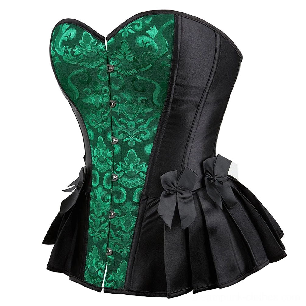 Steampunk corset three-quarter front angle showing green damask pattern, black satin construction, and structured silhouette with decorative bows