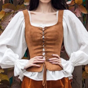 Female model wearing blue steampunk faux suede corset top with lace-up front details and square neckline, outdoor autumn setting