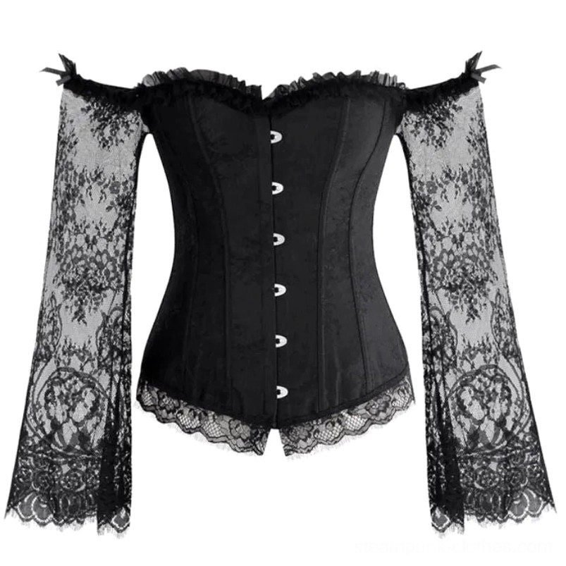 Off-shoulder steampunk corset top with front button fasteners and engineered lace flare sleeves, flat lay