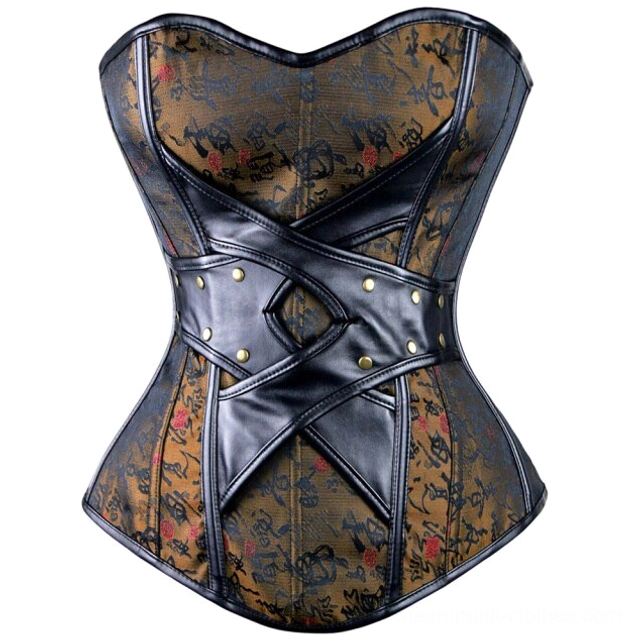 Close-up of steampunk overbust corset top featuring Chinese character jacquard fabric, lace-up front closure, and brass rivet details