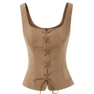 Khaki beige suede steampunk corset top flat lay front view showing square neck and sleeveless design with drawstring hem
