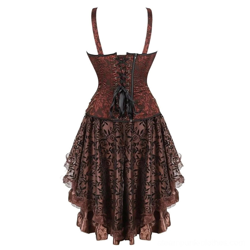 Steampunk Corset Top Details - Boned Construction with Metal Grommets, Adjustable Buckle Straps, Front Lace-Up and Brown Jacquard Fabric