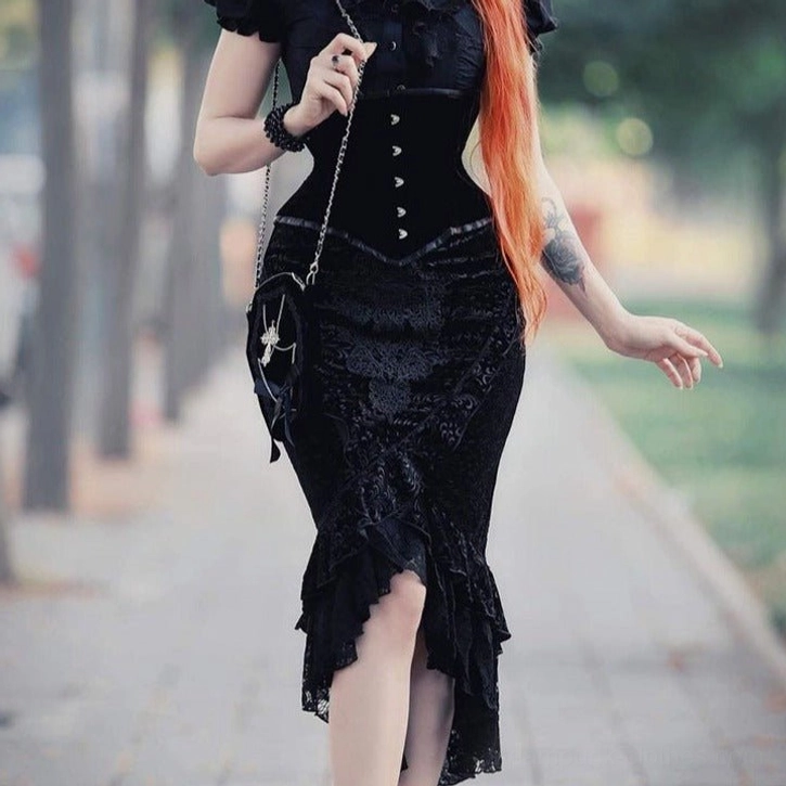 Gothic corset trumpet skirt with embroidered velvet, buttoned corset waist, and asymmetrical ruffled hem