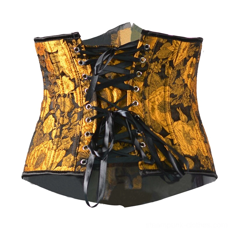 Steampunk sunflower corset back view - lace-up design with black ribbons and adjustable closure system