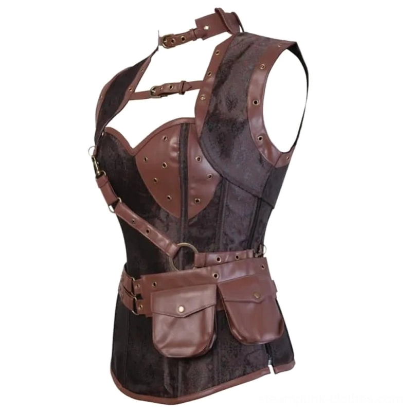 Steampunk gothic corset vest three-quarter side view showcasing dark jacquard fabric, leather harness straps and functional waist pouches
