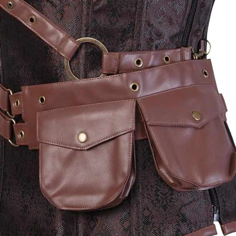 Steampunk corset waist belt close-up showing dual leather utility pouches, bronze metal rings and snap fasteners