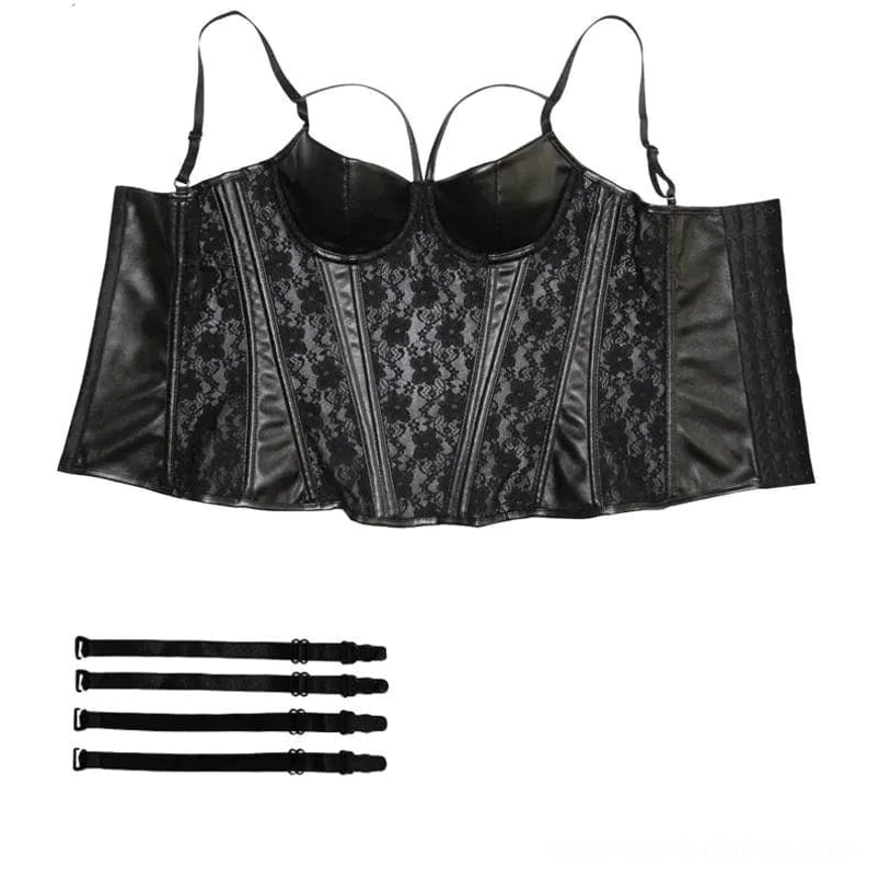 Morticia steampunk corset with replacement shoulder straps set included, showing lace side panels and full corset components